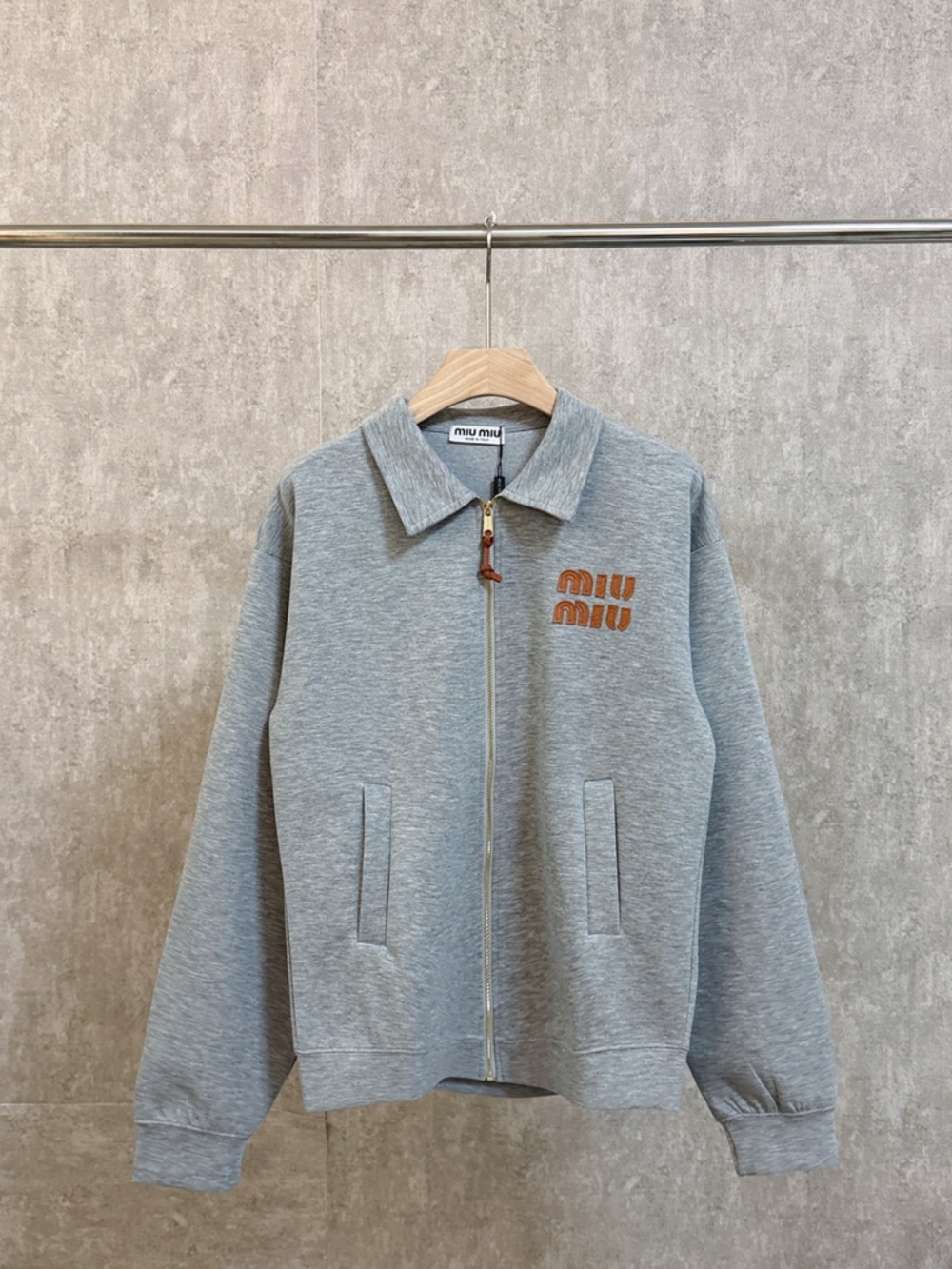 Miu Miu Collared Full Zip Sweatshirt Heather Grey Embroidered Logo Jacket